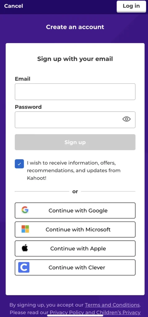 Kahoot sign up from app